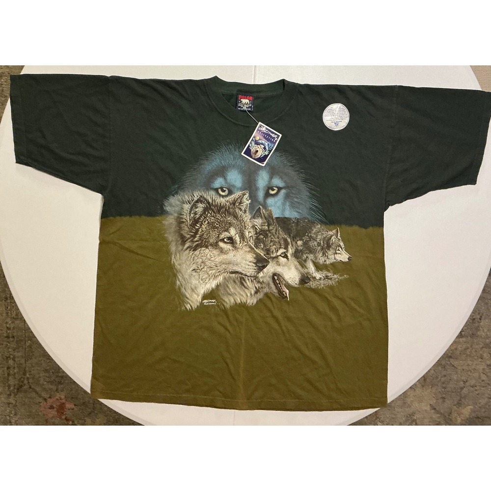 VTG Polar Graphics USA Wolf T-Shirt 2XL Green Color Block Nature Tie‎ Cotton Dye